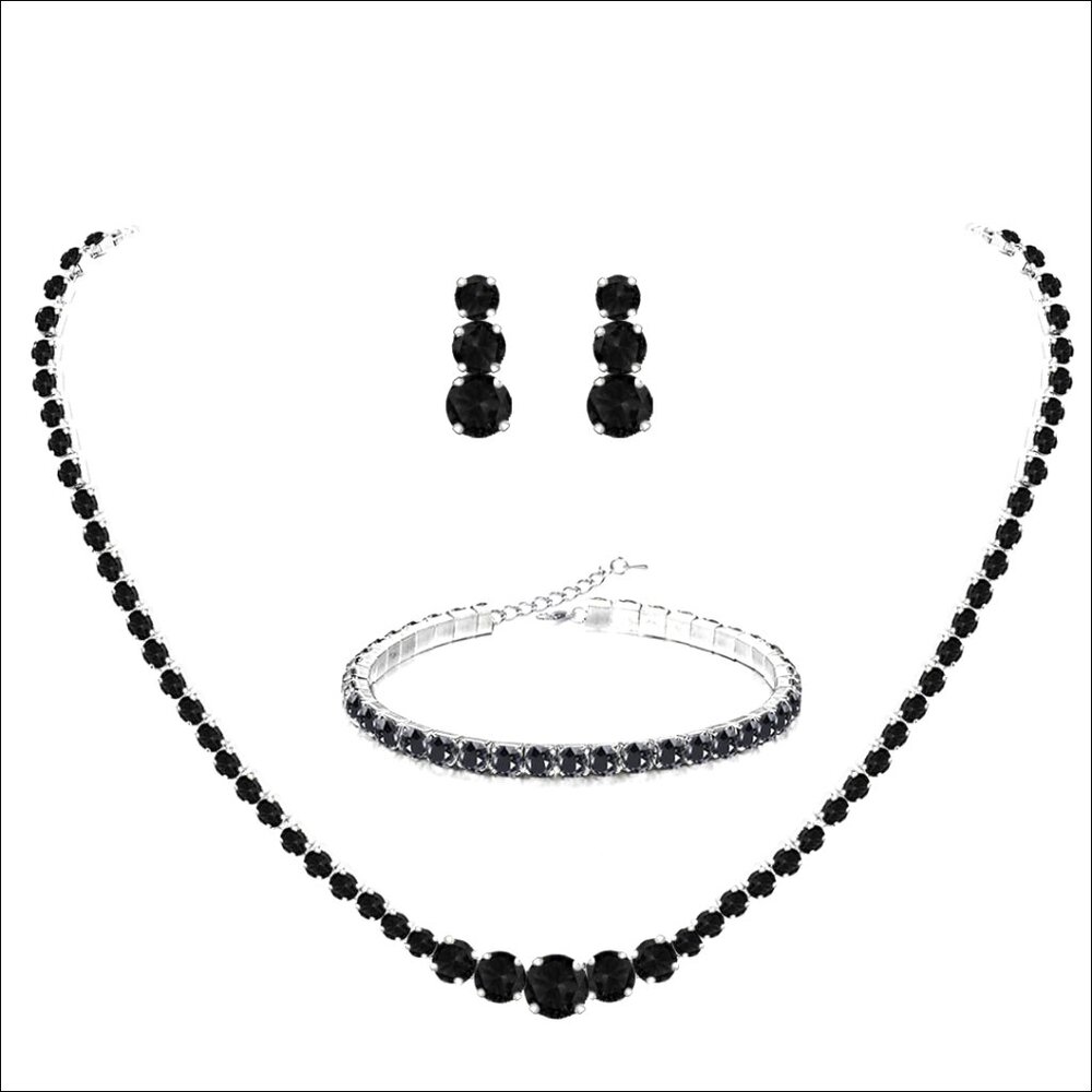 Silver Plated Bridal Jewelry Set Tennis Earrings Necklace Bracelet Wedding